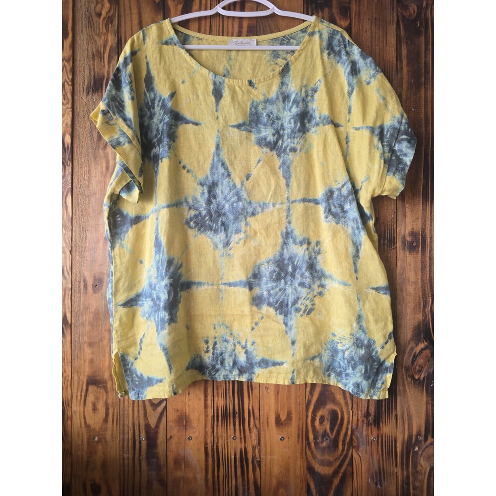 Bellambra Italy Linen Yellow Blue Tie-Dye Pullover Top, Women's Large